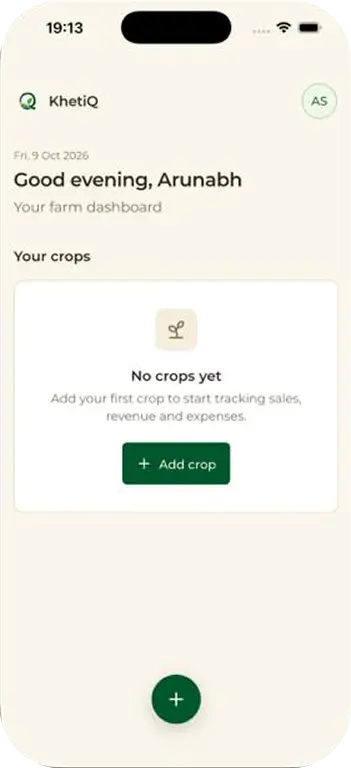 KhetiQ farm dashboard showing the Your crops section with an Add crop button