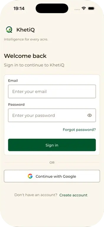 KhetiQ sign in screen with email and password fields and a Continue with Google button